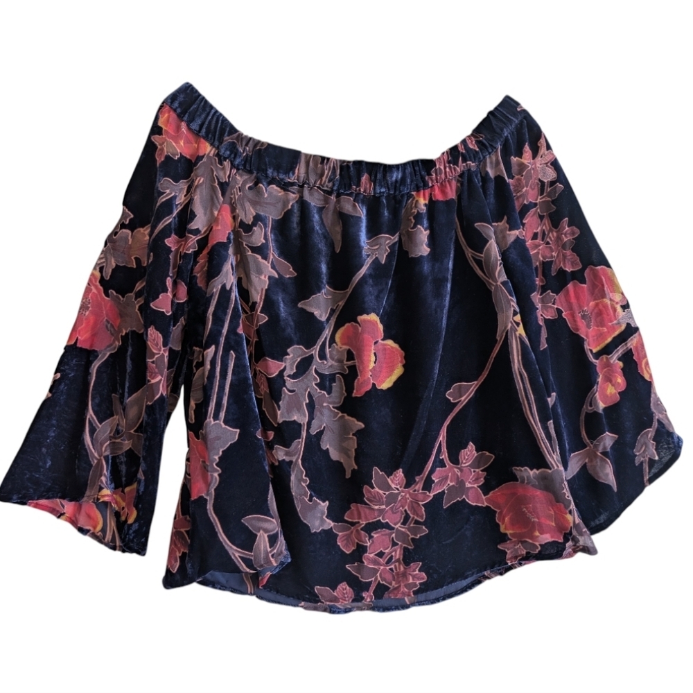 Skies Are Blue Burnout Blue Velvet Off Shoulder Blouse Shirt Size 8P - Picture 2 of 5